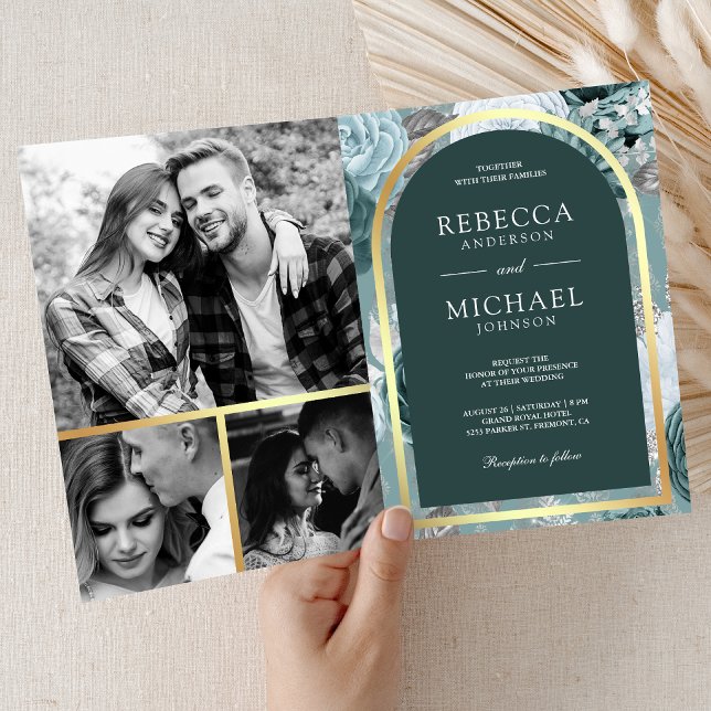 Dark Teal Seafoam Floral Arch QR Code Wedding Invitation (Creator Uploaded)