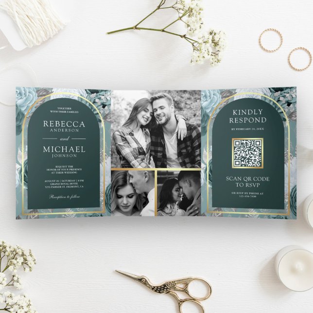 Dark Teal Seafoam Floral Arch QR Code Wedding Tri-Fold Invitation (Creator Uploaded)