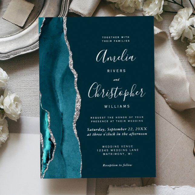 Dark Teal Silver Agate Script Wedding Foil Invitation (Creator Uploaded)