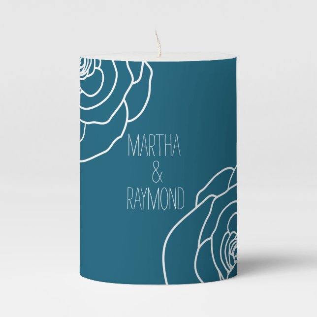 Dark Teal, Sketched Rose Pillar Candle (Front)