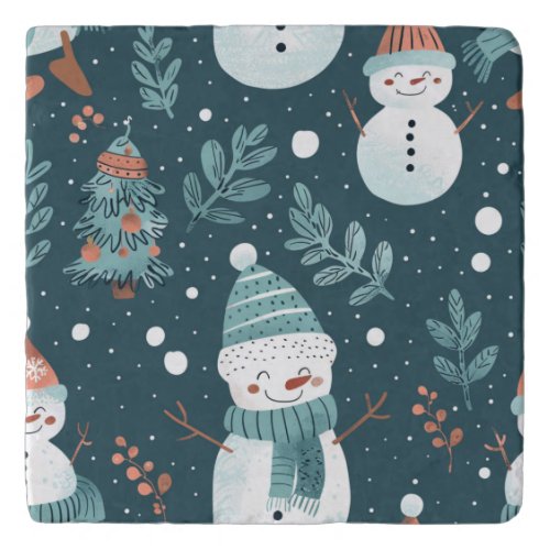 Dark Teal Snowman and Christmas Tree Winter Trivet