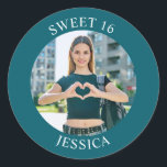 Dark Teal Sweet 16 Birthday Photo Classic Round Sticker<br><div class="desc">Create your own personalized dark teal border photo round envelope seals for your her 16th birthday. Customize the solid white background color or the text color to match your photo. If you change the font type or size, you can fine tune the curvature of the text in small increments. Have...</div>