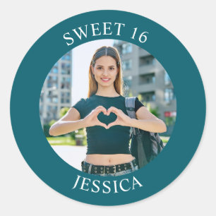 Dark Teal Sweet 16 Birthday Photo Classic Round Sticker