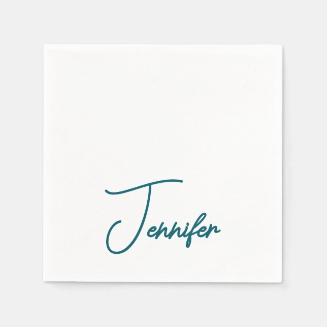 Dark Teal Trend Modern Minimalist Handwriting Name Napkins (Front)