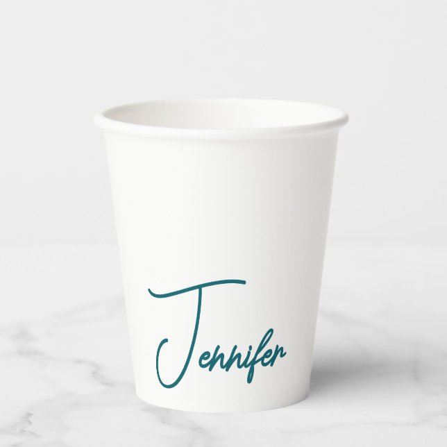 Dark Teal Trend Modern Minimalist Handwriting Name Paper Cups (Front)