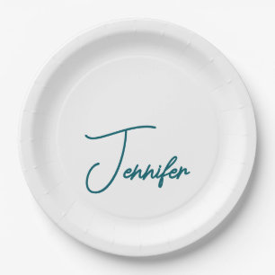 Dark Teal Trend Modern Minimalist Handwriting Name Paper Plates