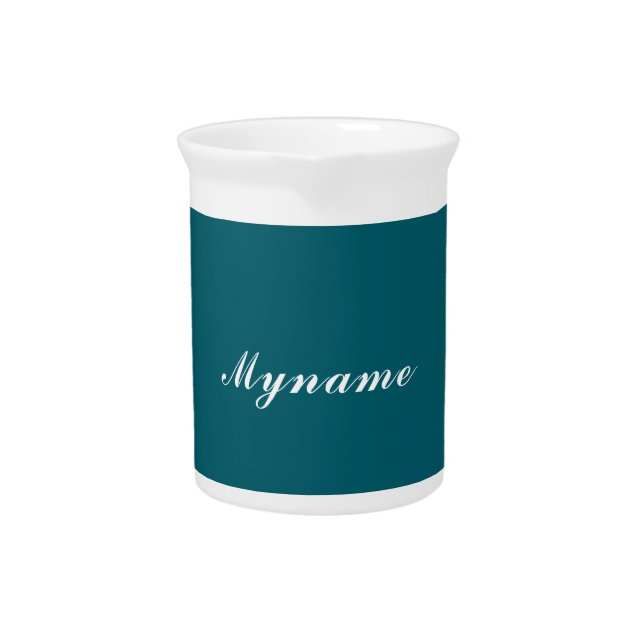 Dark Teal Trendy Modern Minimalist Chic Name Beverage Pitcher (Front)