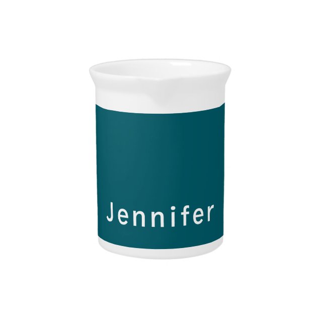 Dark Teal Trendy Modern Minimalist Your Name Beverage Pitcher (Front)