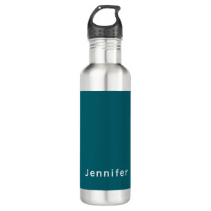 Dark Teal Trendy Modern Minimalist Your Name Stainless Steel Water Bottle