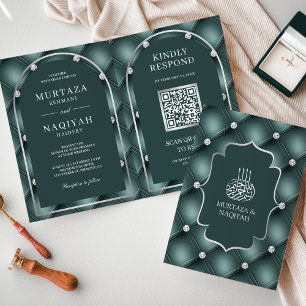 Dark Teal Tufted Pattern QR Code Muslim Wedding Invitation