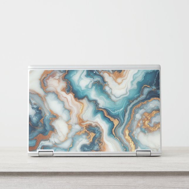 Dark Teal Turquoise Blue Gold Marble Art Pattern HP Laptop Skin (Front)