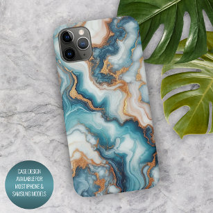 Dark Teal Turquoise Blue Gold Marble Art Pattern iPhone 15 Pro Max Case