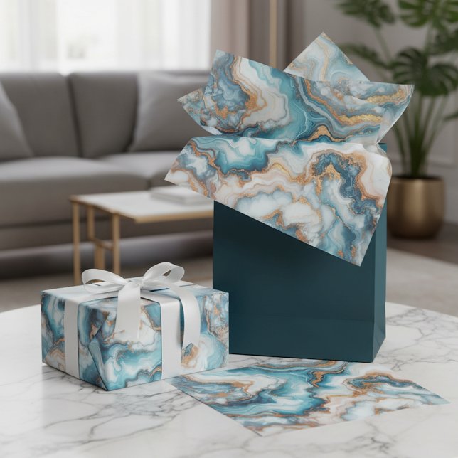 Dark Teal Turquoise Blue Gold Marble Art Pattern Tissue Paper (Creator Uploaded)