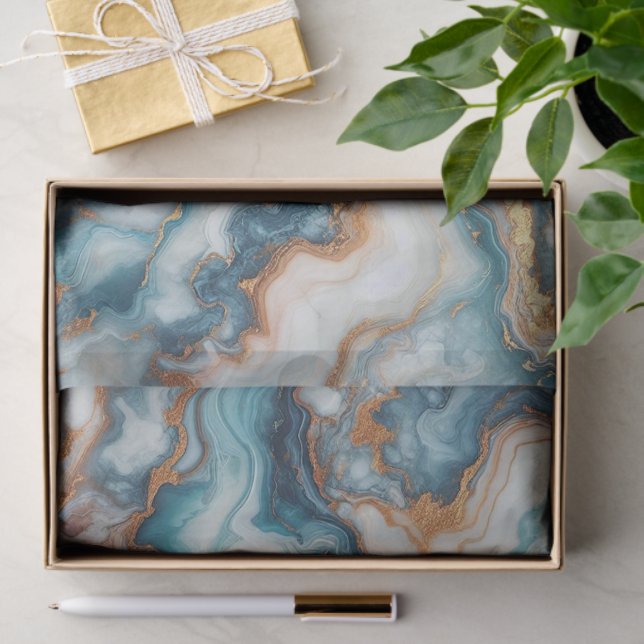 Dark Teal Turquoise Blue Gold Marble Art Pattern Tissue Paper (Gift)