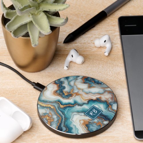 Dark Teal Turquoise Blue Gold Marble Art Pattern Wireless Charger