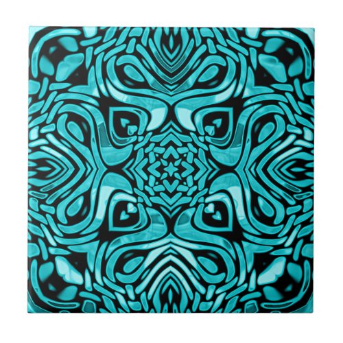 Dark Teal Turquoise Blue Green Ethnic Tribe Art Ceramic Tile