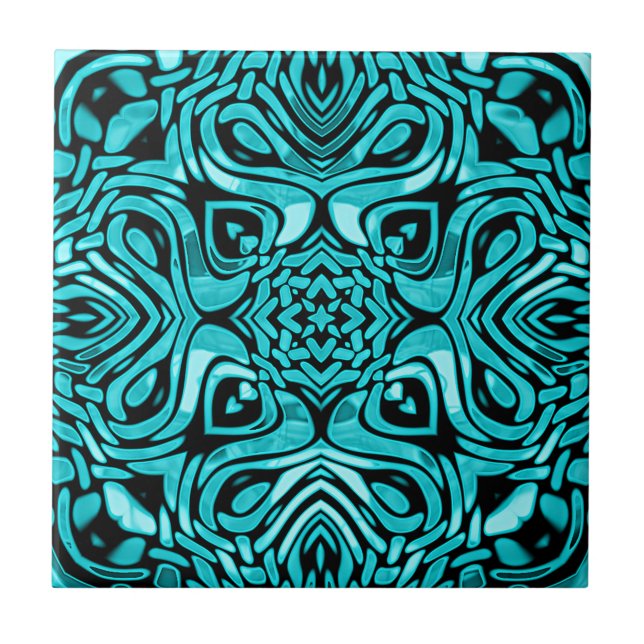 Dark Teal Turquoise Blue Green Ethnic Tribe Art Ceramic Tile (Front)
