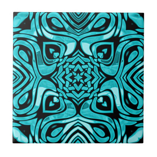 Dark Teal Turquoise Blue Green Ethnic Tribe Art Ceramic Tile