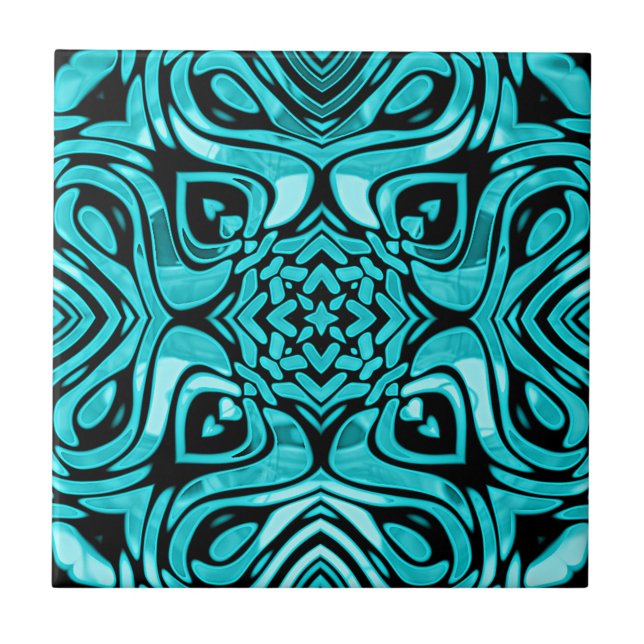 Dark Teal Turquoise Blue Green Ethnic Tribe Art Ceramic Tile (Front)