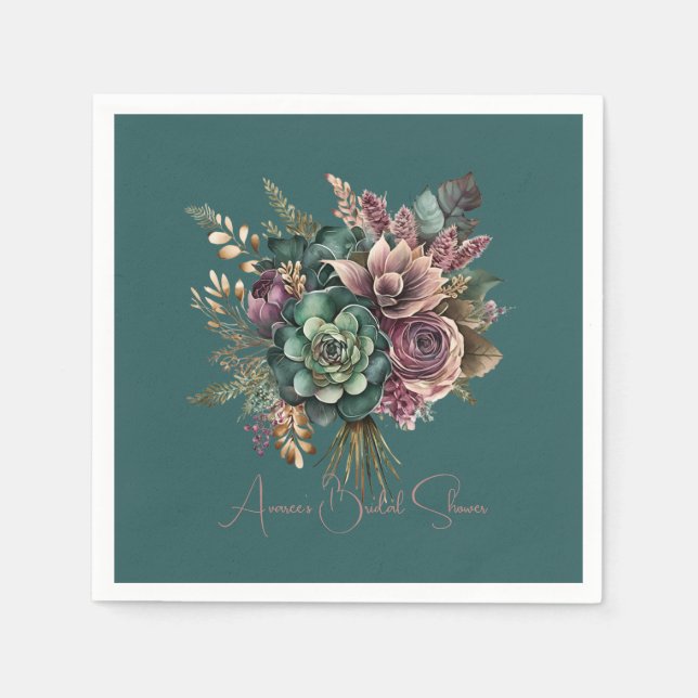 Dark Teal Turquoise Burgundy Floral Bouquet Shower Napkins (Front)