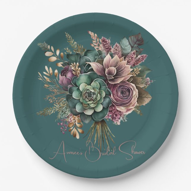 Dark Teal Turquoise Burgundy Floral Bouquet Shower Paper Plates (Front)