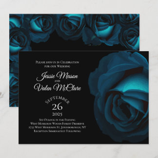Dark Teal Turquoise Rose Gothic Elegant Wedding Invitation