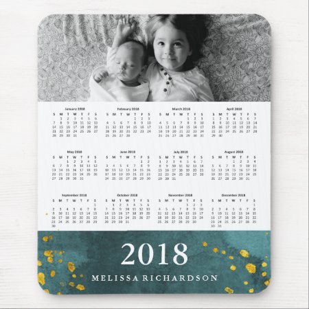 Dark Teal Watercolor And Gold 2018 Calendar Photo Mouse Pad