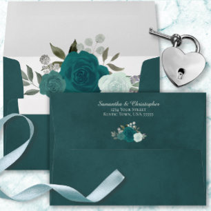 Dark Teal Watercolor Floral Elegant Wedding Envelope