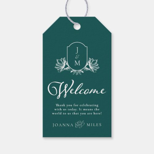 Dark Teal Wedding Monogram Crest Welcome Gift Tags