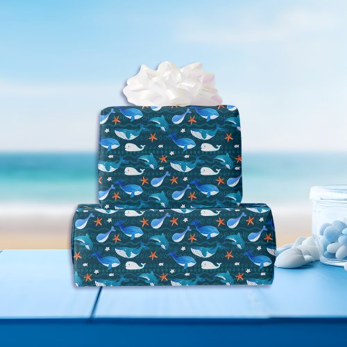 Dark Teal Whale Pattern Wrapping Paper