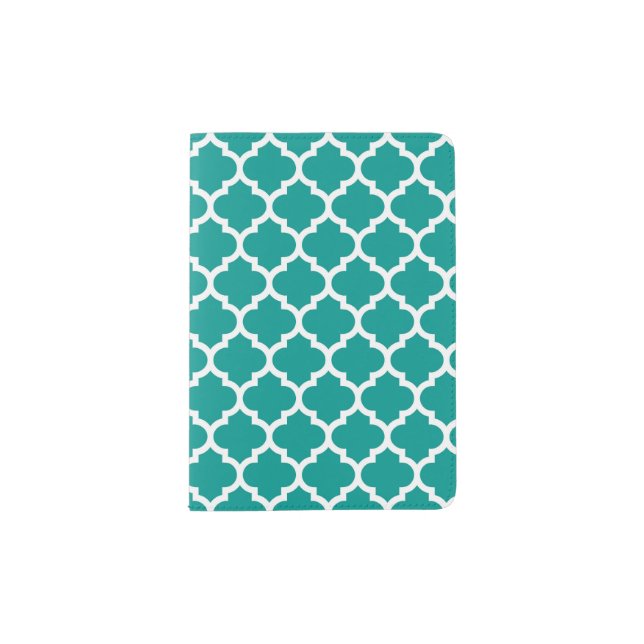 Dark Teal White Moroccan Quatrefoil Pattern #5 Passport Holder (Front)