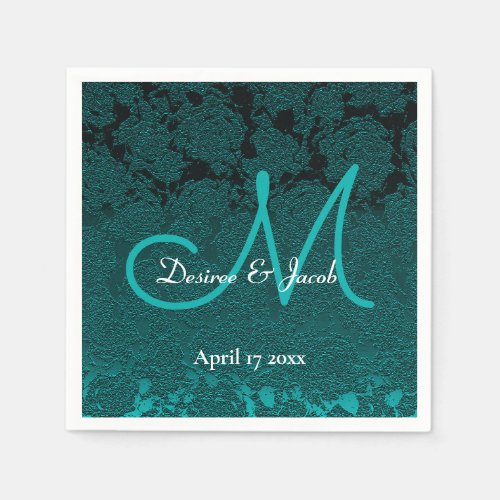 Dark Teal White Turquoise Elegant Wedding Monogram Napkins