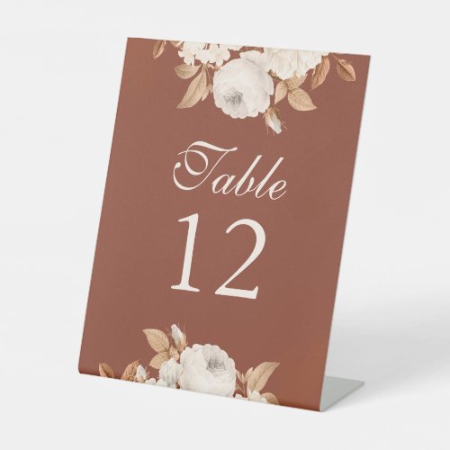 Dark Terracotta and Blush Floral Table Numbers Pedestal Sign