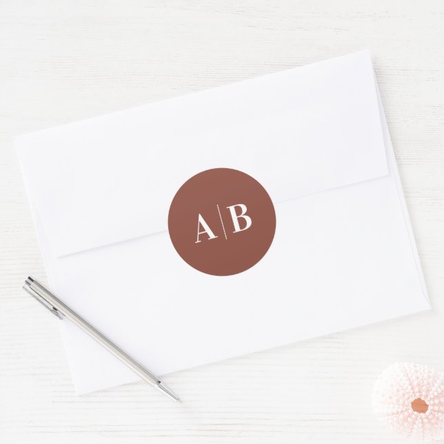 Dark Terracotta and White Wedding Monogram Classic Round Sticker (Envelope)