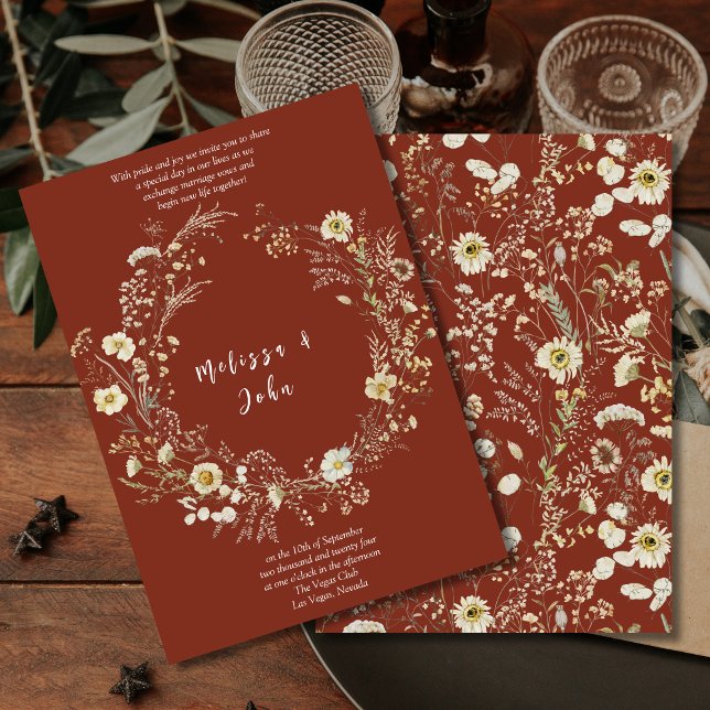 Dark Terracotta Bohemian Wildflower Wedding Invitation (Creator Uploaded)