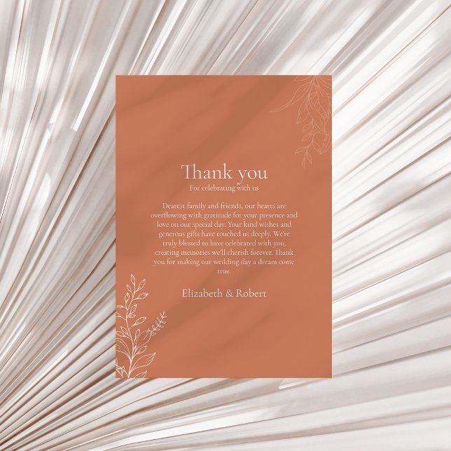 Dark Terracotta Botanical Thank You Card (Dark Terracotta Botanical Thank You Card on a sunny neutral dry palm leaf.)