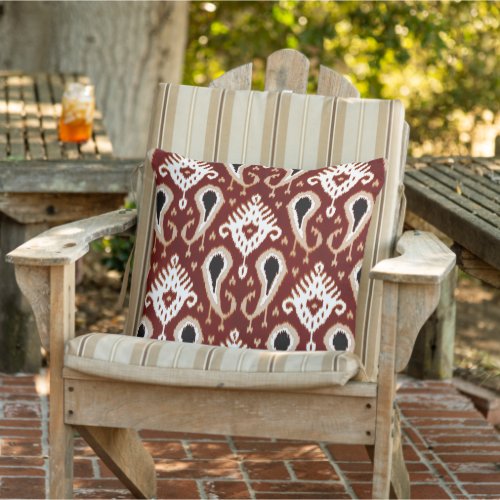 Dark Terracotta Red Taupe Brown Ikat Tribal Art Outdoor Pillow