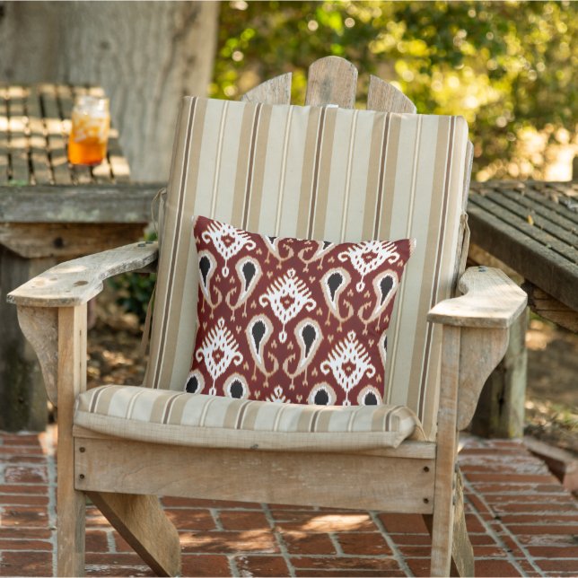 Dark Terracotta Red Taupe Brown Ikat Tribal Art Outdoor Pillow (Chair)