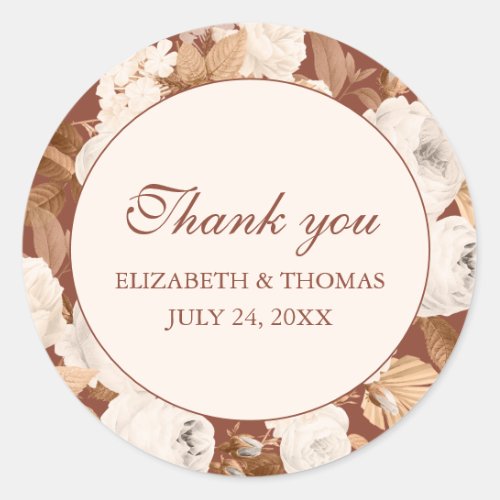 Dark Terracotta Thank You Round Sticker with Peony