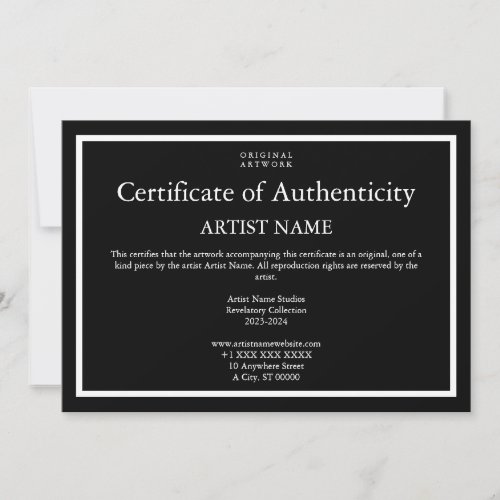 Dark Theme Certificate of Authenticity for Art Holiday Card