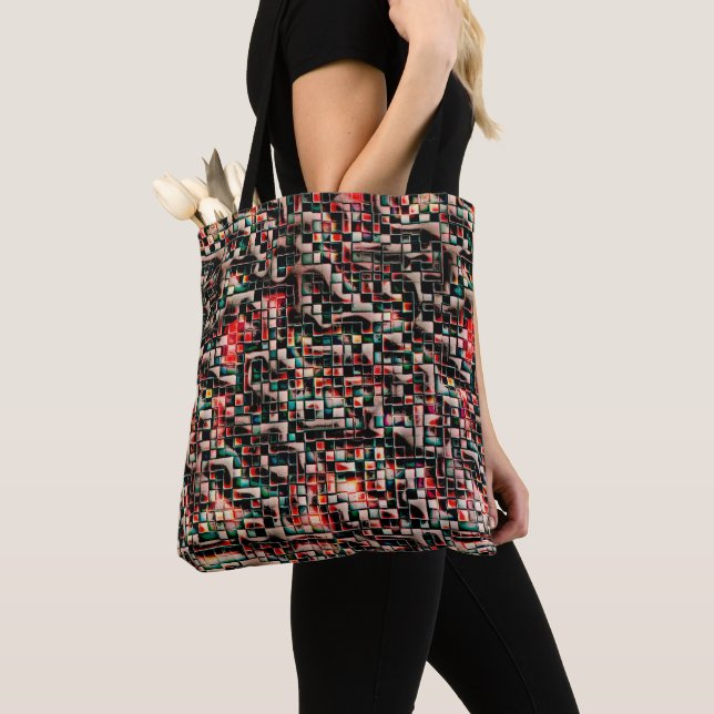 Dark tiles in textured rough style, mosaic squares tote bag (Close Up)