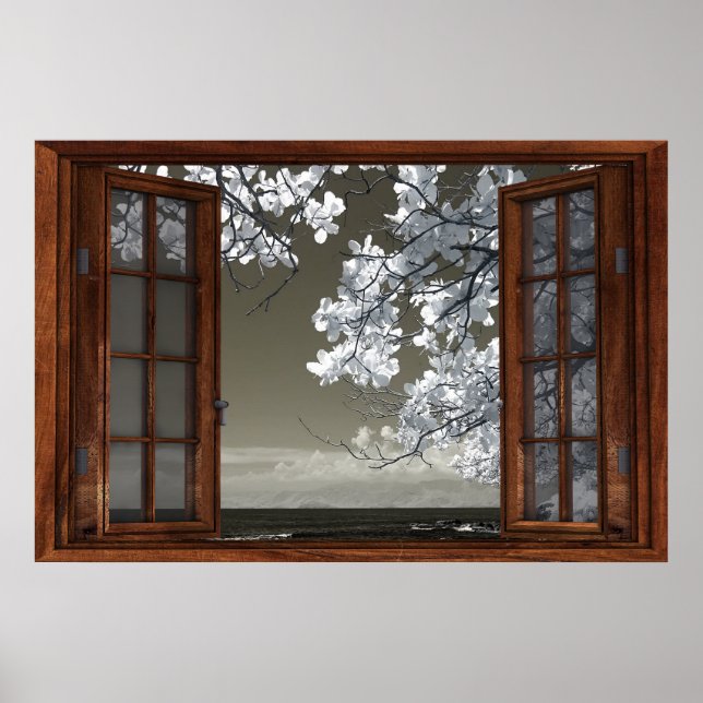 Dark Tinted Open French Window White Blossom View Poster (Front)