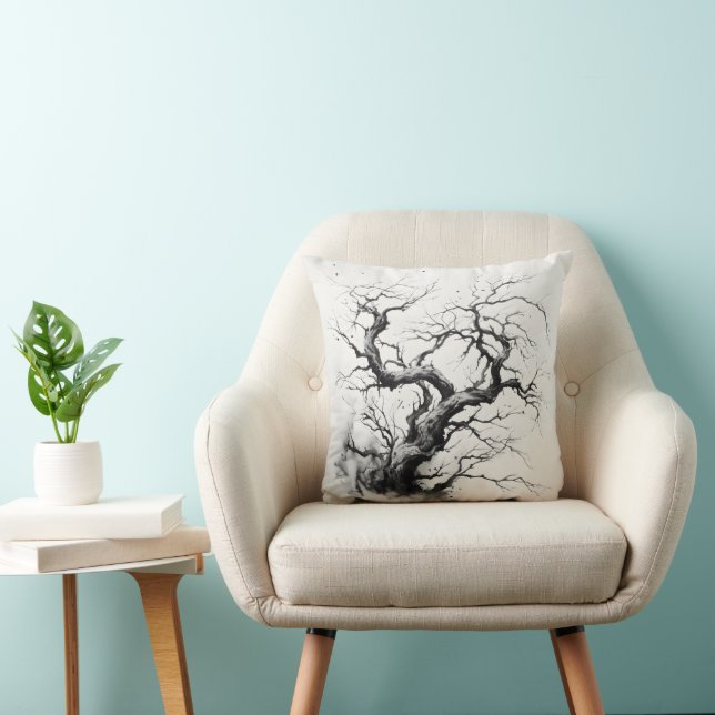 Dark Tree Ink Painting Throw Pillow (Chair)