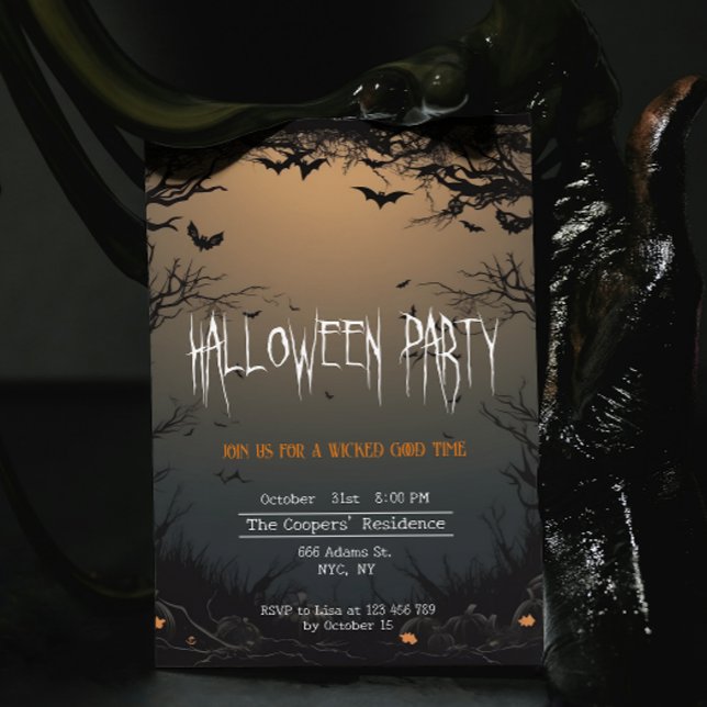 Dark Trees & Bats Creepy Halloween Party Invitation (Creator Uploaded)