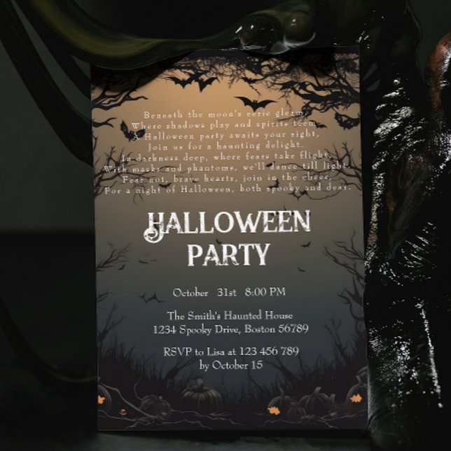 Dark Trees & Bats Creepy Poem Halloween Party Invitation (Creator Uploaded)