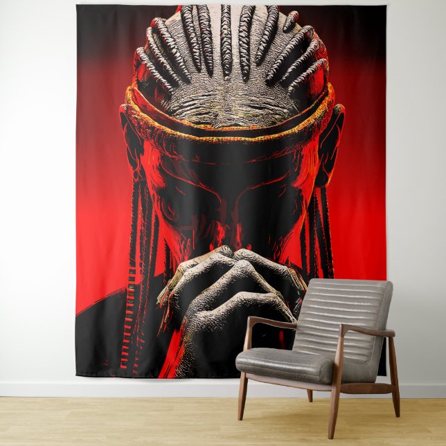 Dark Tribal Fantasy Praying Warrior Tapestry (In Situ)