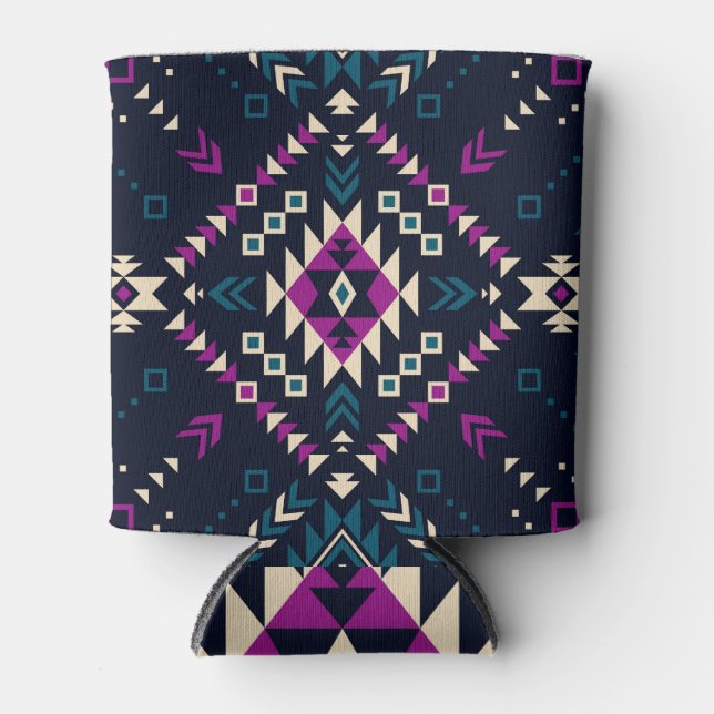 Dark tribal Navajo, vintage geometric. Can Cooler (Front)