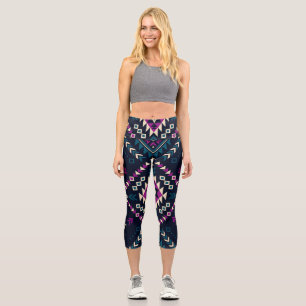 Dark tribal Navajo, vintage geometric. Capri Leggings