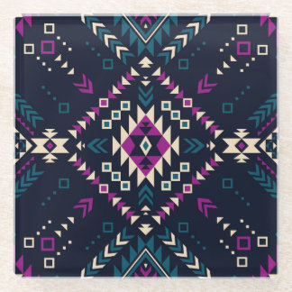 Dark tribal Navajo, vintage geometric. Glass Coaster