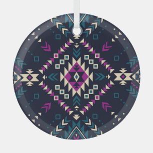 Dark tribal Navajo, vintage geometric. Glass Ornament